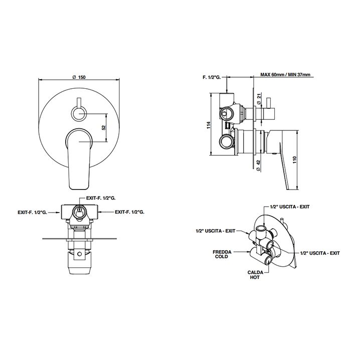 Bongio GIO2 Смеситель встроенный для душа с переключателем, 3 выхода, механический, цвет: хром (без встраиваемой части 9763/3), артикул 80519CR03PREU