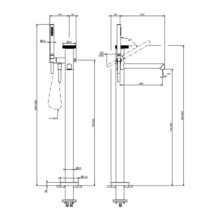 GESSI ANELLO Смеситель для ванны напольный, с ручным душем и шлангом 1500 мм., внешняя часть, цвет Finox Brushed Nickel