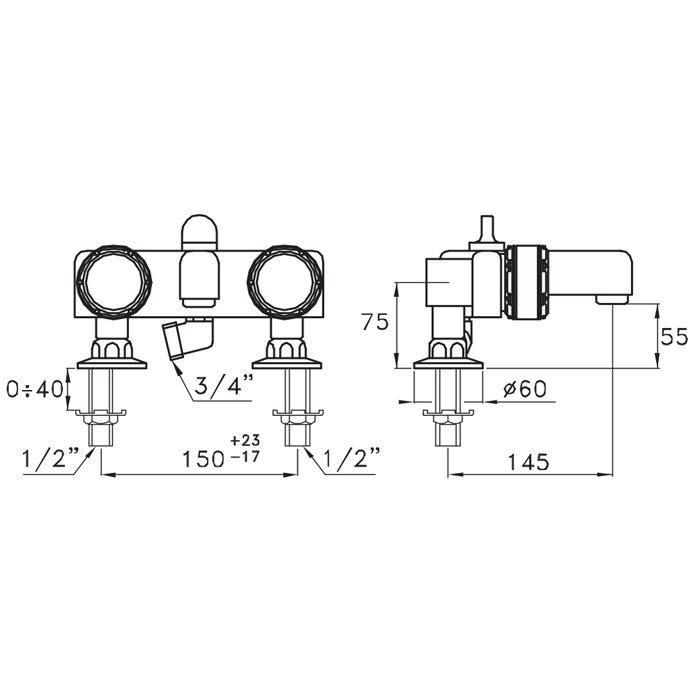 Stella Timeaster Смеситель на борт ванны на 2 отверстия 3267RG, круглая ручка d=65мм, цвет: хром, ручка черная
