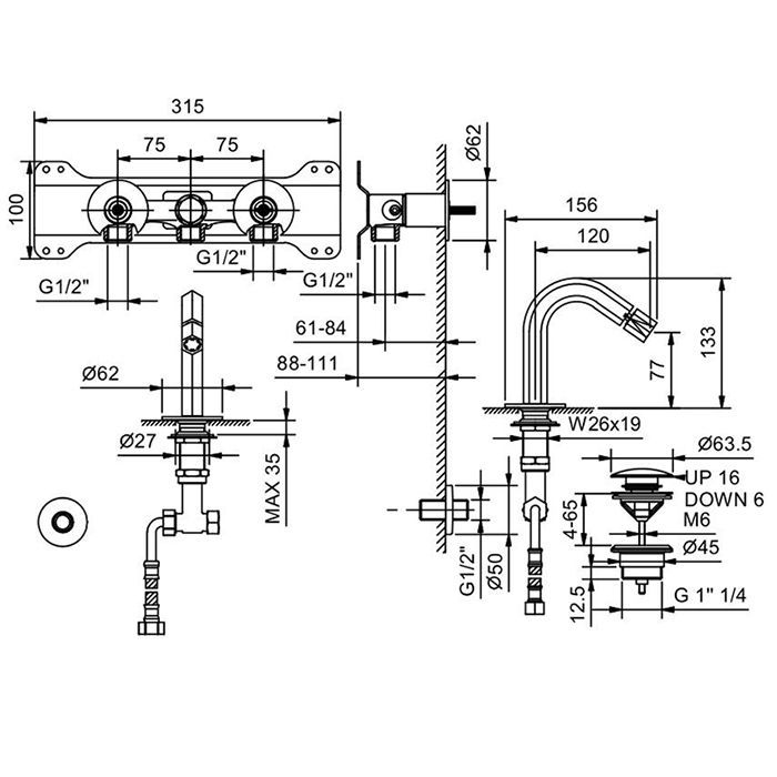 Fantini Venezia Смеситель для биде, 1 отв., с донным клапаном, излив 120мм, цвет: Nickel PVD