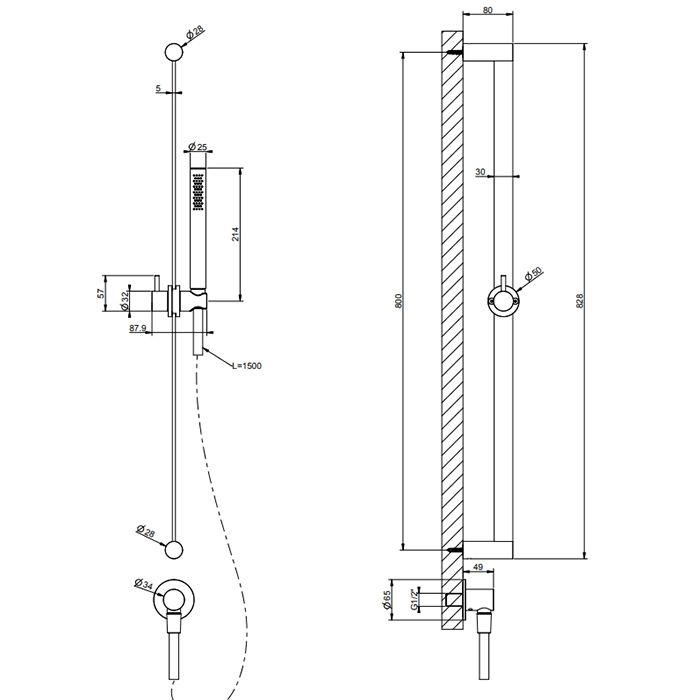 GESSI 316 Штанга в комплекте с душевой лейкой с легкой очисткой, шланг 1,50 м, вывод воды из стены, цвет Black XL