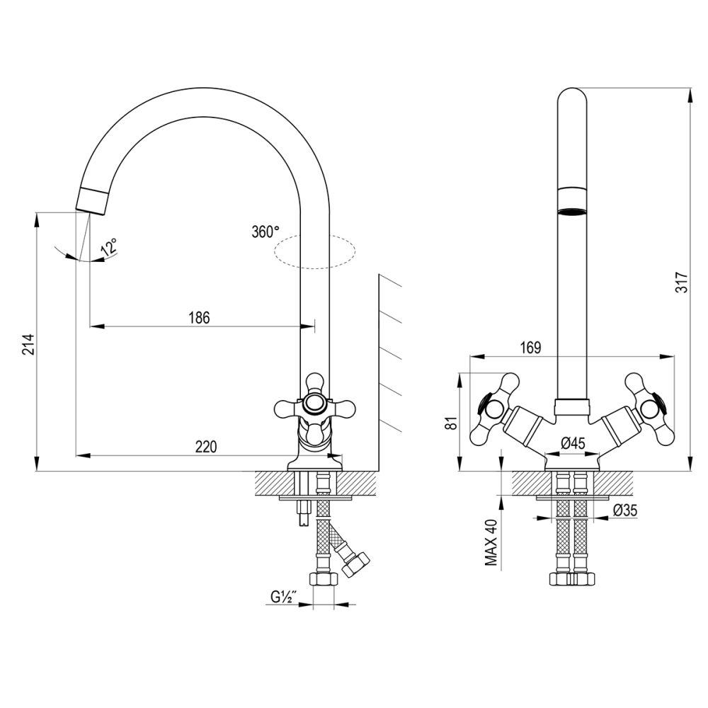 Смеситель Rossinka для кухни с высоким поворотным изливом (H02-76), артикул H02-76
