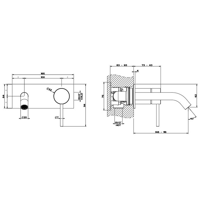 GESSI 316 Встраиваемый смеситель с изливом 147мм (внешние части), цвет: steel brushed