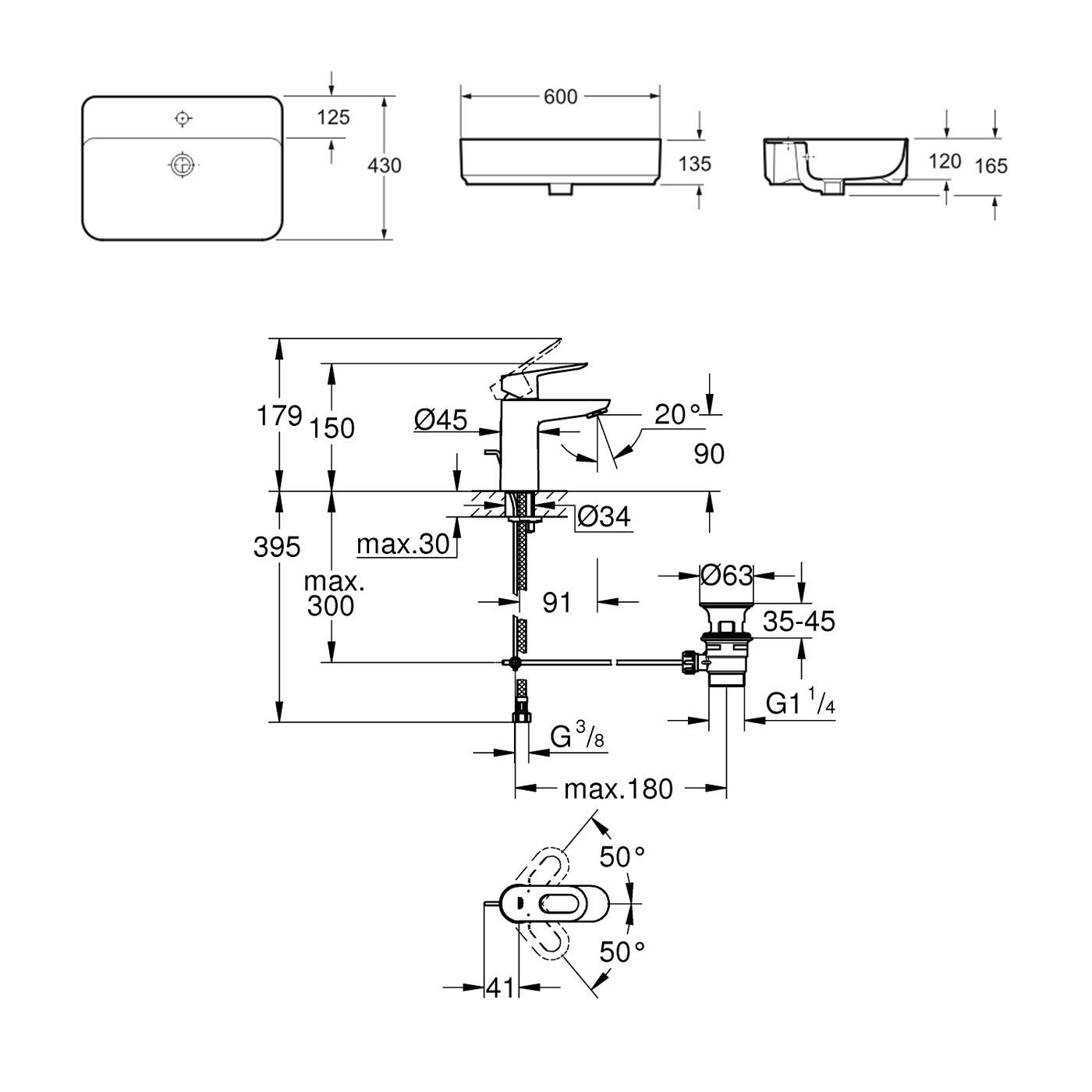 Комплект 2 в 1 Lavinia Boho Bathroom Sink Slim 21510389, накладная фарфоровая раковина 60 см, смеситель с донным клапаном
