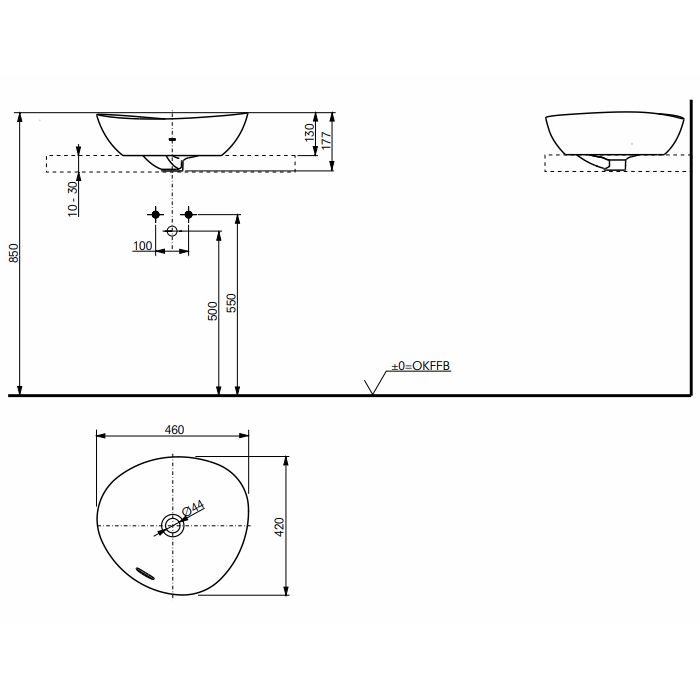 TOTO VESSEL TA Раковина460x420x177мм, ассиметричная чаша, без отв.под смеситель, с переливом, CeFiONtect, цвет:  белый глянец