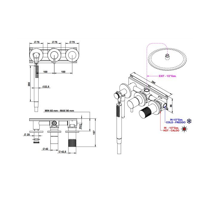 Bongio Capsule Смеситель встроенный для душа,с дивертором, с ручным душем,, цвет хром/ручка GG(с внутр частью 0969000DP), артикул 88551CRGGAD