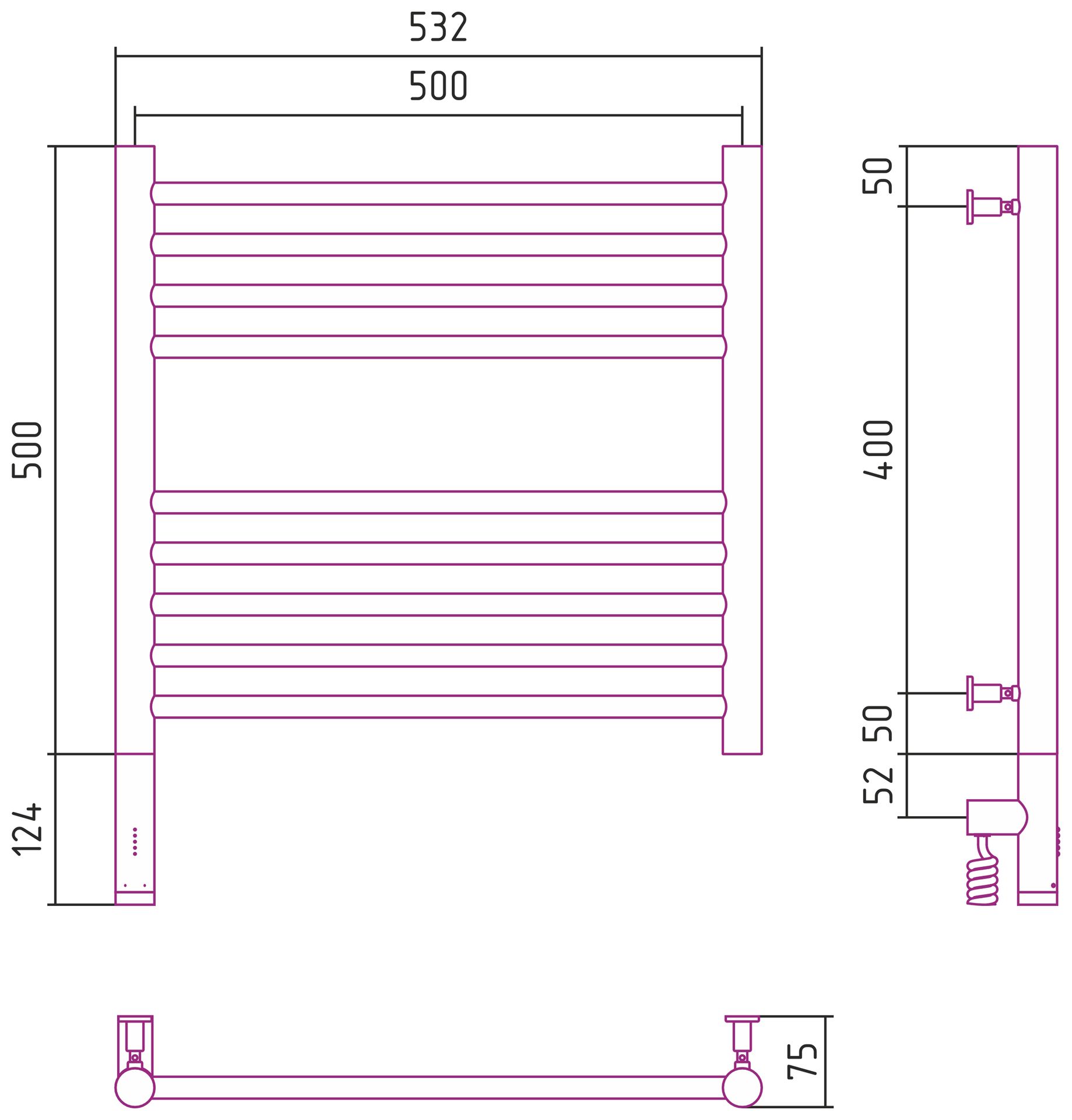 Полотенцесушитель электрический "БОГЕМА 3.0" прямая 500х500 / МЭМ левый (Матовое золото)