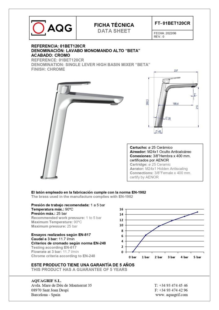 AQG Beta, высокий однорычажный смеситель для раковины без донного клапана, цвет хром, артикул 01BET120CR