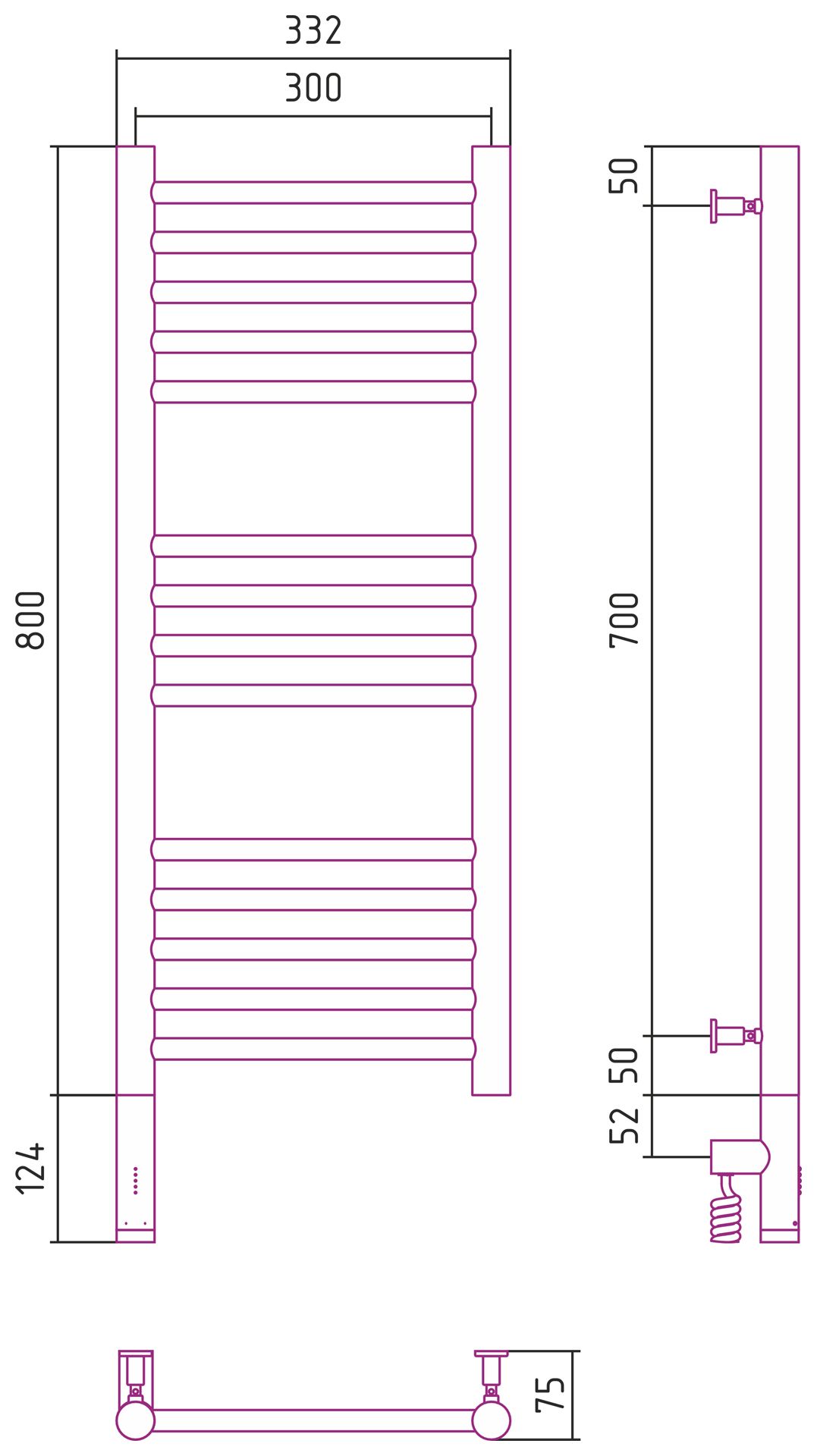 Полотенцесушитель электрический "БОГЕМА 3.0" прямая 800х300 / МЭМ левый (Без покрытия)