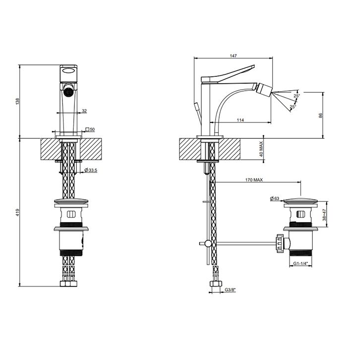GESSI Rilievo Смеситель для биде на 1 отв., с донным клапаном излив 114мм, цвет Gold Brushed CCP