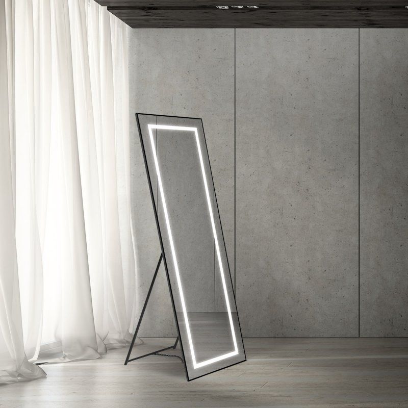 Интерьерное зеркало в алюминиевой раме со встроенным светильником и сенсорным выключателем, напольное, SPC-KRAFT-555-1700-TCH-PIA-NERO, 555x1700 мм, артикул SPC-KRAFT-555-1700-TCH-PIA-NERO