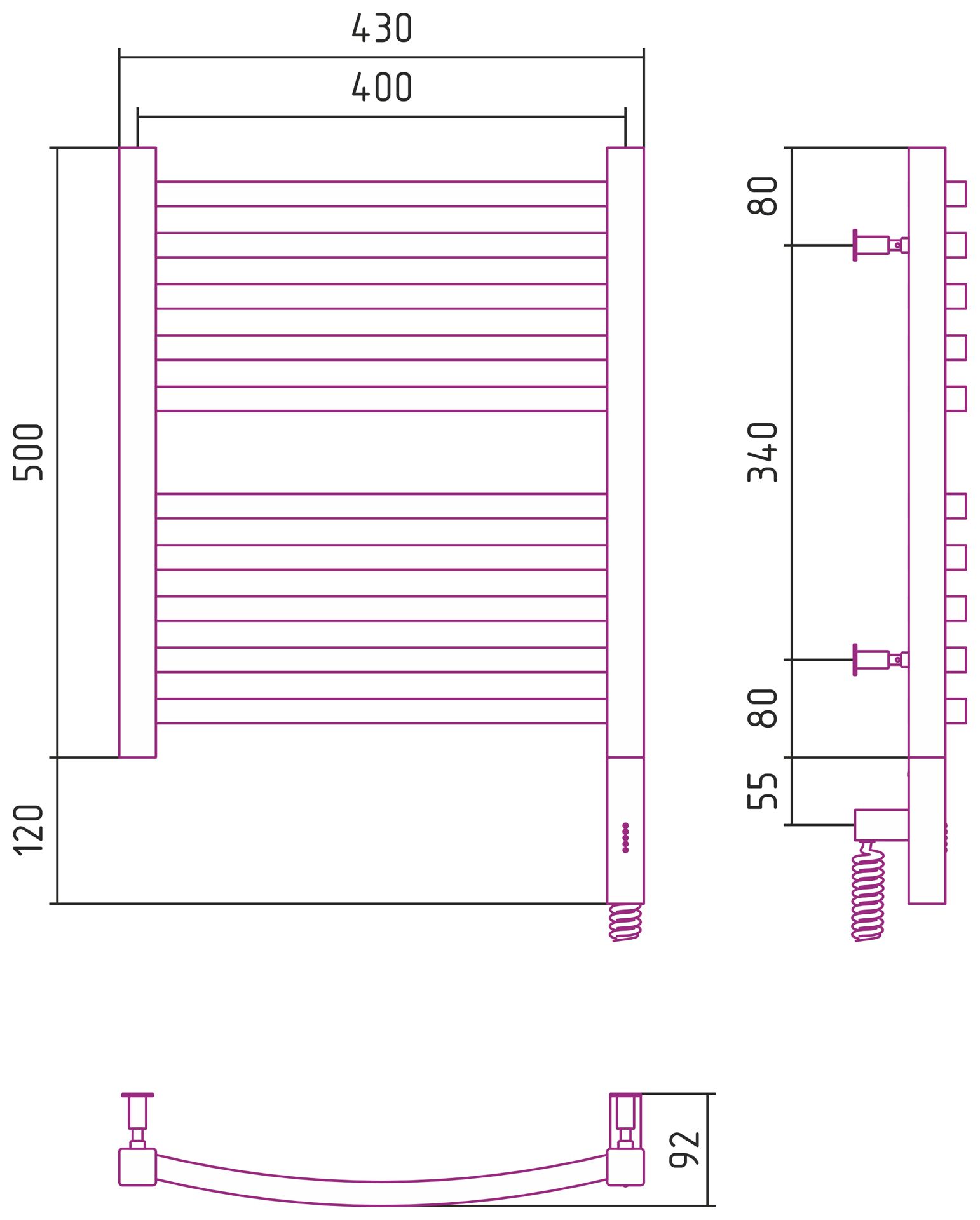 Полотенцесушитель, Сунержа, Аркус 3.0, электрический, ширина, мм-430, глубина, мм-92, высота, мм-620, межосевое расстояние-400, подключение-нижнее справа, электрокомплект-МЭМ, мощность, Вт-300, материал-нержавеющая сталь, цвет-сталь