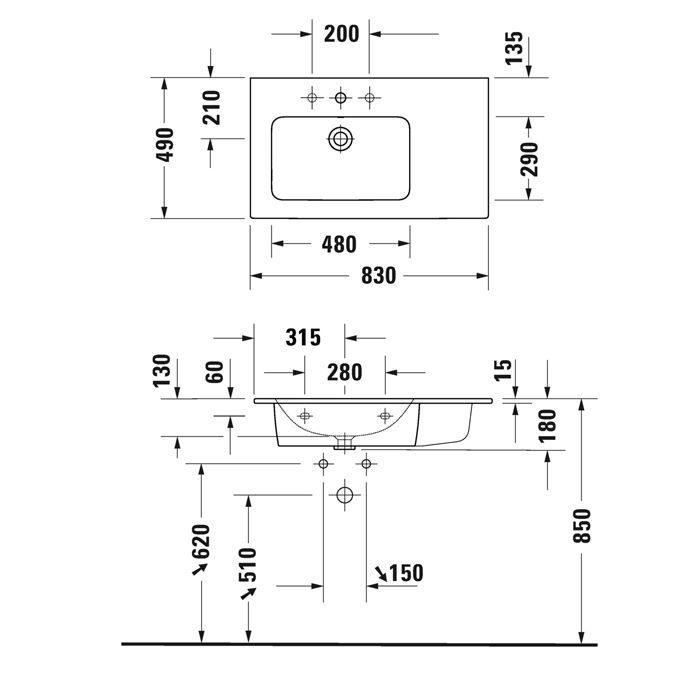 Duravit ME by Starck Раковина подвесная с переливом, с полкой справа, отв под смес, 83х49см, цвет: белый