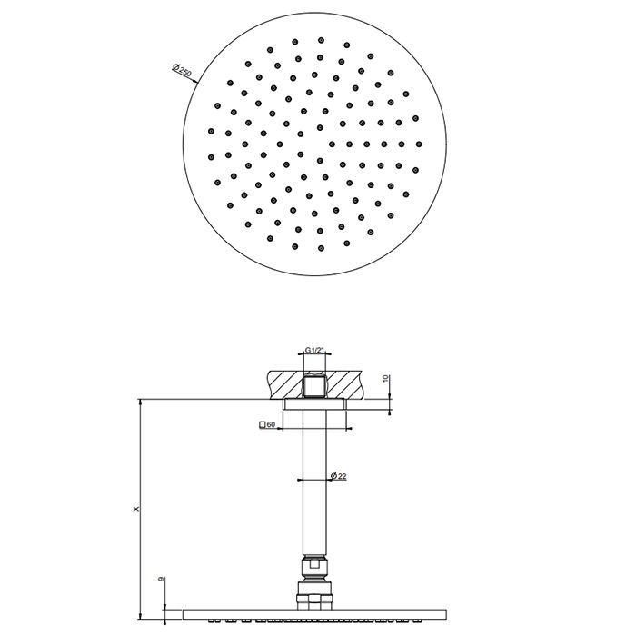 GESSI Rilievo Потолочная душевая головка шарнирная на 1/2'', Ø250мм, длина изгот. под заказ (105 - 1855мм), цвет: хром