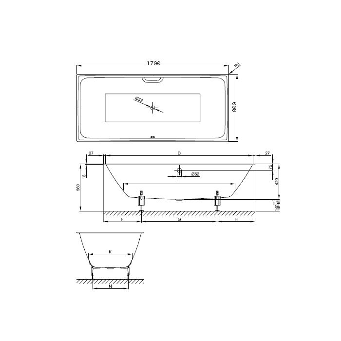 Ванна, Bette, BetteLoft, ширина, мм-1700, глубина, мм-800, высота, мм-420, водоизмещение (л)-156, тип установки-встраиваемый, форма-прямоугольная, слив-перелив-необходимо заказать, диаметр слива, мм-52, ножки-необходимо заказать, материал-сталь, вид грязе