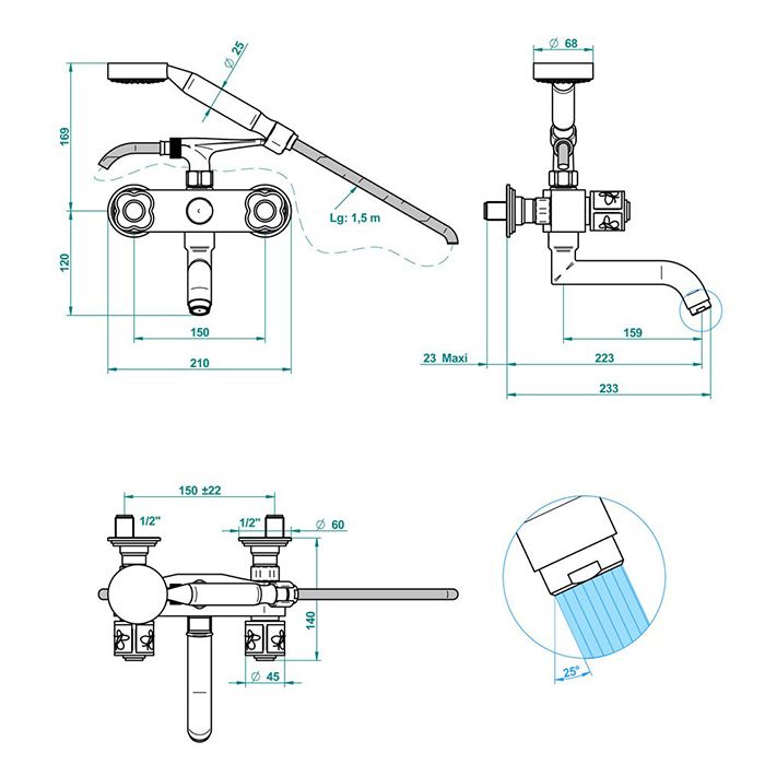 THG CAPUCINE VERT DECOR PLATINE Смеситель для ванны настенный, с ручным душем и шлангом 1500 мм., декор платина/зеленый, цвет хром