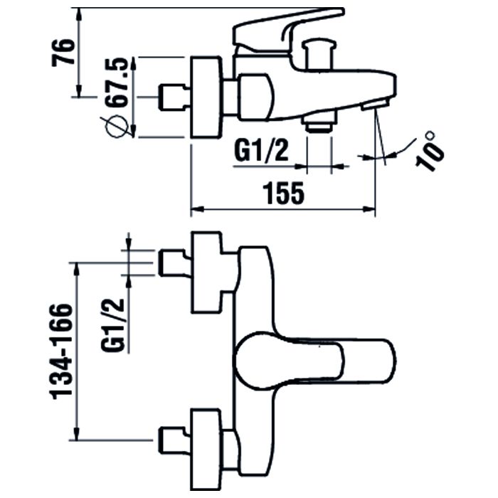 Смеситель для ванны и душа, Laufen, Citypro, тип открывания воды-однорычажный, тип регулирования воды-керамический картридж, монтаж-настенный, отверстия для монтажа-2, вынос излива, мм-150, тип излива-неподвижный, с двухрежимным переключателем потока, без, артикул 3.2195.7.004.400.1