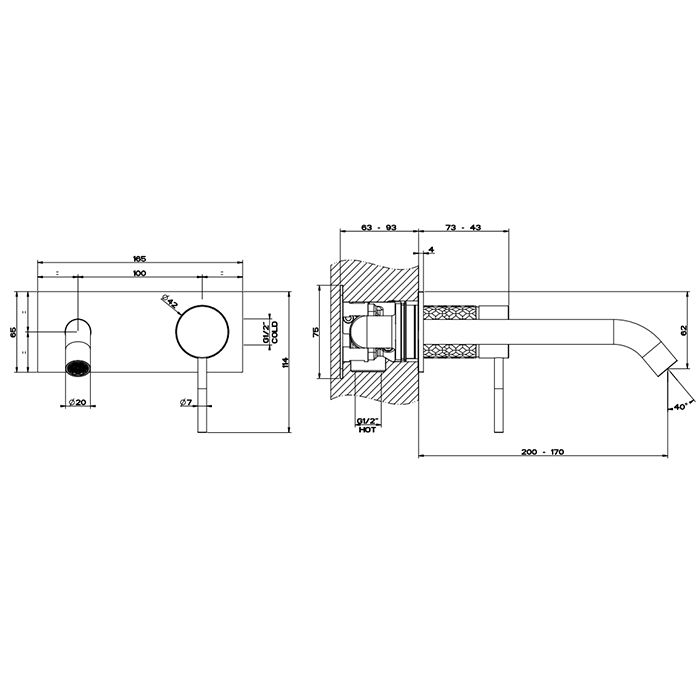 GESSI 316 Встраиваемый смеситель для раковины с изливом 200-170мм (внешняя часть), цвет: brushed black metal pvd