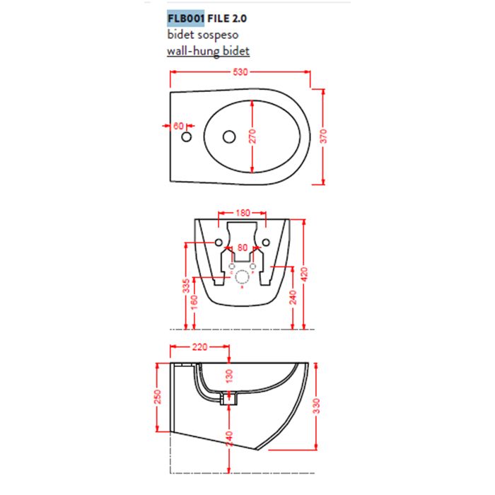 Artceram FILE 2.0  Биде подвесное 36х52 см, с креплениями, с 1 отв под смеситель, цвет blu zaffiro
