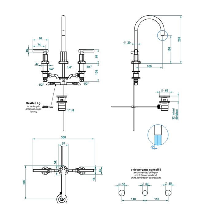 THG Les Ondes à manettes Смеситель для раковины, на 3 отв., цвет Matt nickel, артикул G8B-С01-151