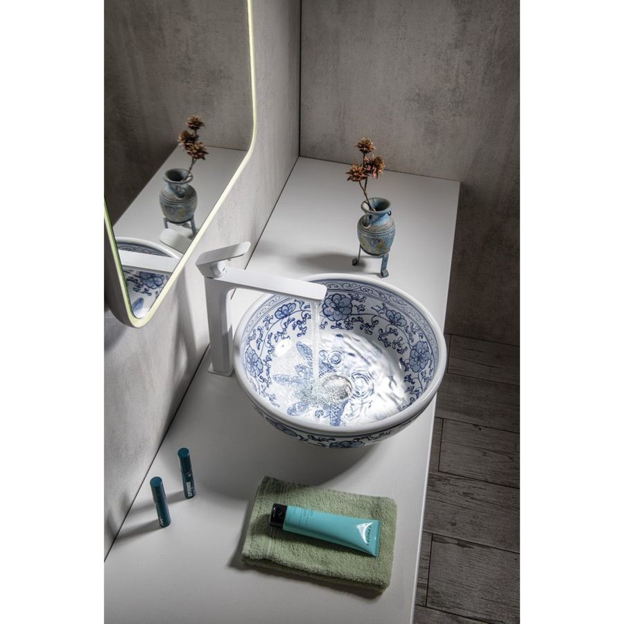 Керамическая раковина-чаша NAVI PRIORI на столешницу, d41 см, высота 15 см, белый/синий, Sapho