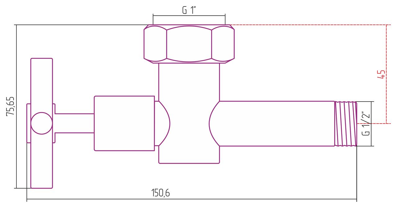 Вентиль запорный (крестовой) G 1" НГ х G 1/2" НР (Без покрытия) Вентиль запорный (крестовой) G 1" НГ х G 1/2" НР (Без покрытия)