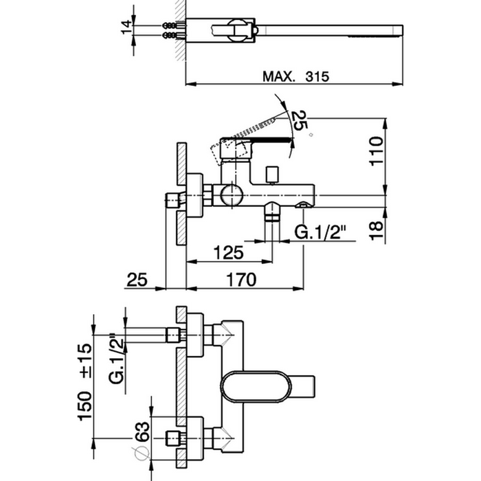 CISAL LineaViva Смеситель настенный для ванны/душа с ручной лейкой,держателем и шлангом, цвет хром