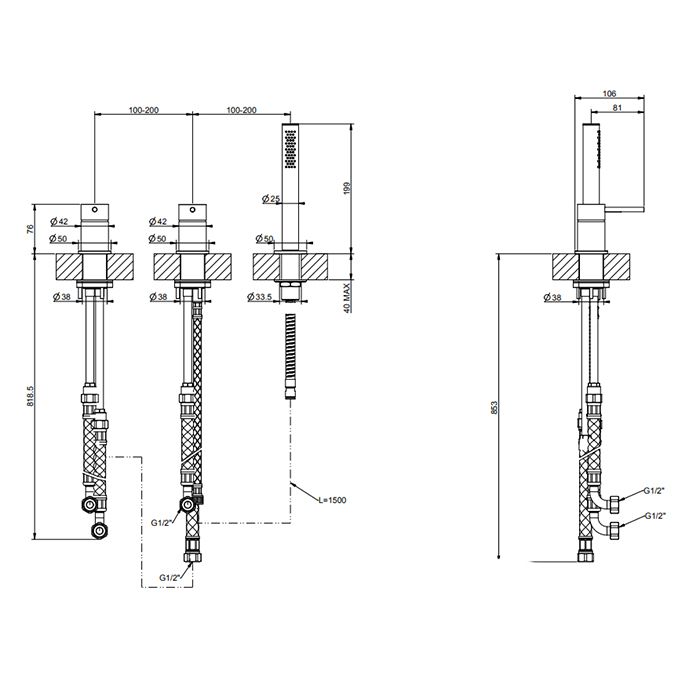 GESSI 316 Смеситель для ванны на 3 отверстия наполнение через слив-перелив с переключателем, убирающаяся душевая лейка, цвет: brushed black metal pvd