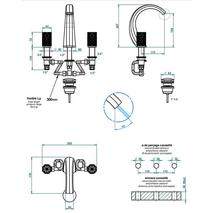 THG NIHAL PORCELAINE NOIRE Смеситель для раковины на 3 отверстия, с донным клапаном, цвет Aranja (black nickel)