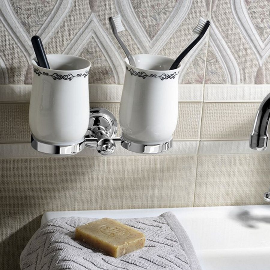 Подстаканник ASTOR двойной керамический для зубных щёток с держателем, хром, Sapho