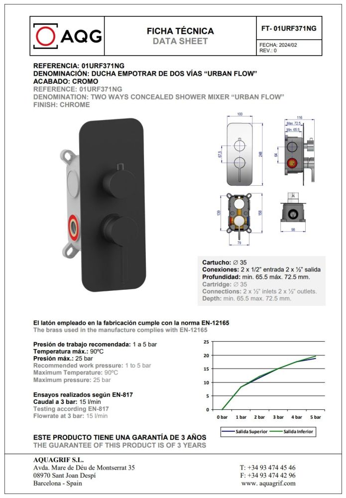 AQG Urban Flow, душевой комплект ER237 на 2 потребителя, с потолочным кронштейном, цвет черный матовый, артикул 19URFER23705