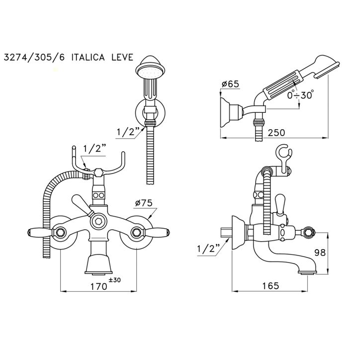 Stella Italica Leve Смеситель для ванны 3274/305/6 с ручным душем, цвет: хром