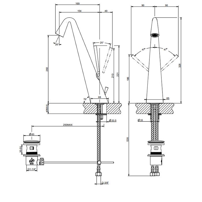 Gessi Cono Смеситель для раковины высокий с донным клапаном на 1 1/4”, соединительные шланги на 3/8, цвет finox