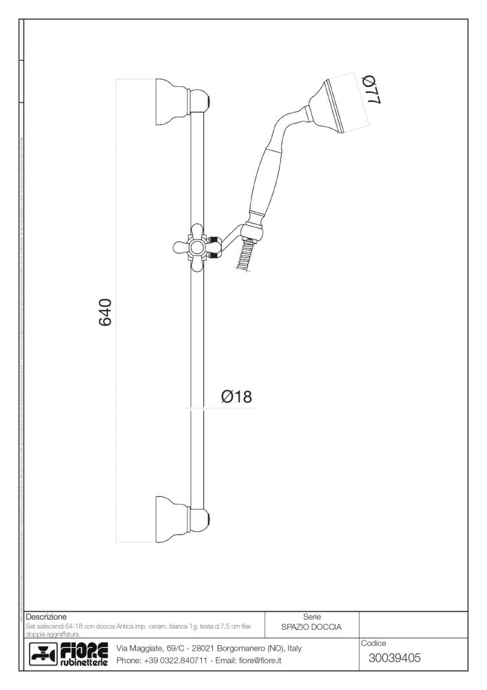 Fiore Shower, душевая штанга h64 см, с набором для душа: 1-режимный ручной душ c керамической накладкой, шланг 150 см, цвет хром, артикул 30039405