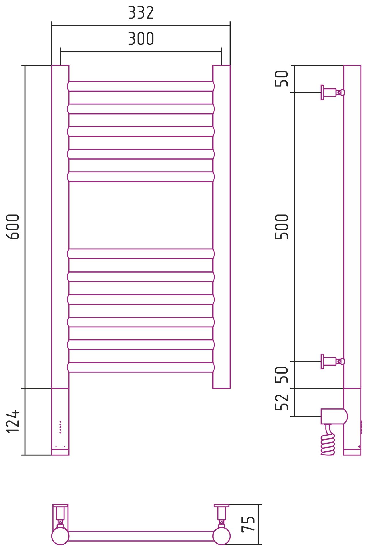 Полотенцесушитель электрический "БОГЕМА 3.0" прямая 600х300 / МЭМ левый (Матовая шампань)