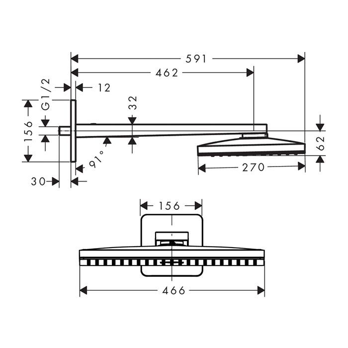 AX Верхний душ 460 х 270мм, 1jet, с настенным держателем 460мм (скругл. края розетки), цвет: шлифованный черный хром AX Верхний душ 460 х 270мм, 1jet, с настенным держателем 460мм (скругл. края розетки), цвет: шлифованный черный хром