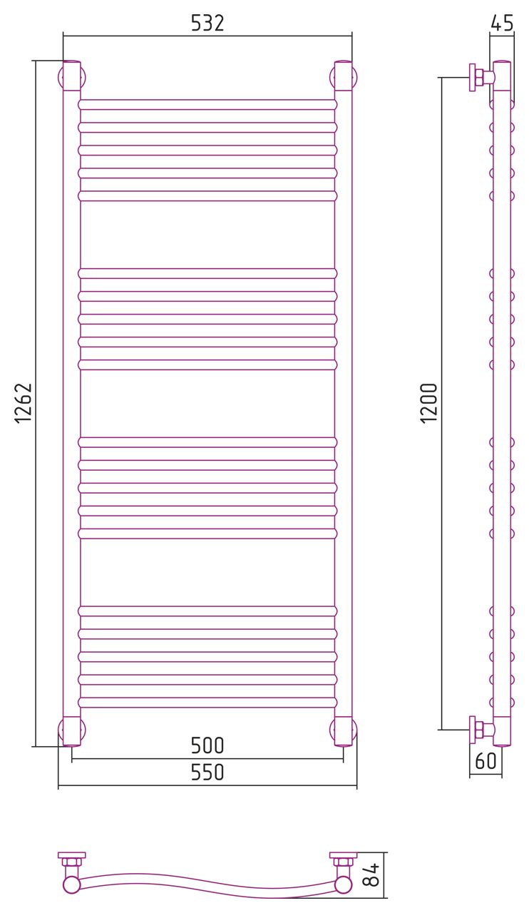 Полотенцесушитель водяной "ФЛЮИД+" 1200х500 (Матовый Белый)