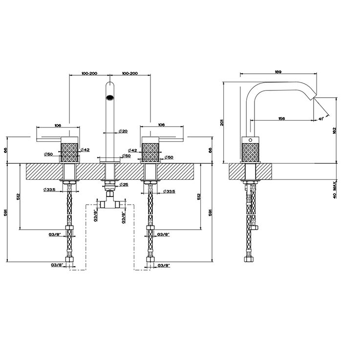 GESSI 316 Смеситель для раковины на 3 отверстия, без донного клапана, излив 156мм h=201мм, цвет: brushed black metal pvd
