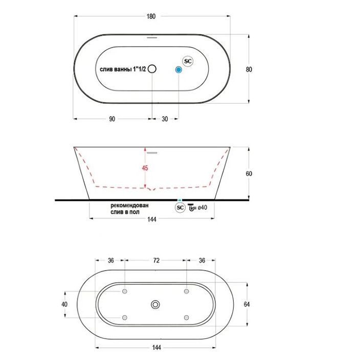 Gruppo Treesse Inka Ванна 180x80xh60 см. овальная  отдельностоящая, акриловая, со щелевым переливом, цвет белый матовый