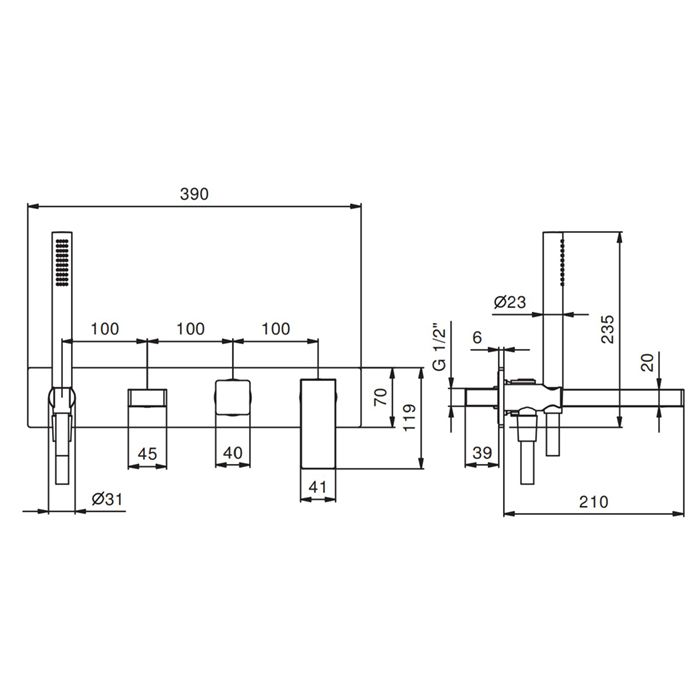 Fantini Mint Смеситель для ванны, встраиваемый, излив 200мм, с ручн.душем, (наружняя часть), цвет: хром