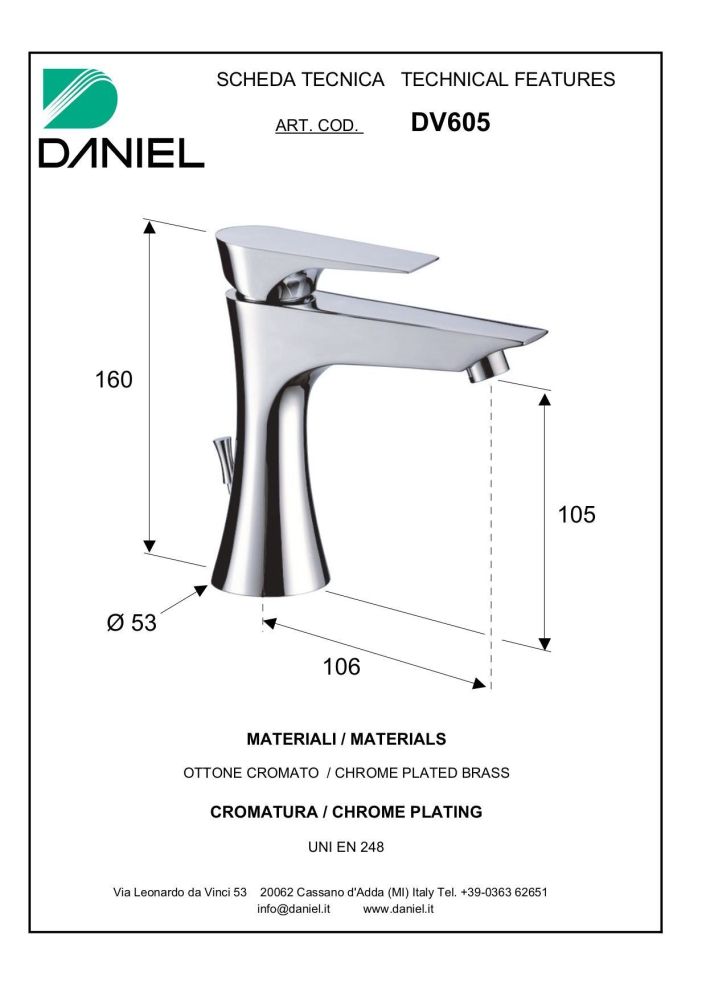 Daniel Diva, однорычажный смеситель для раковины (излив 10,6 см), с донным клапаном, цвет хром, артикул DV605-CR