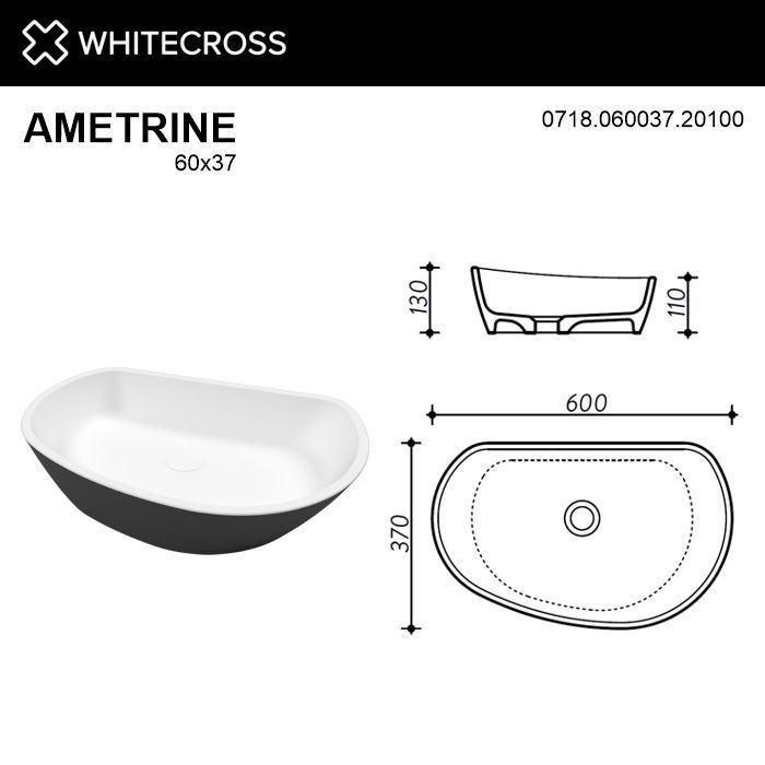 Умывальник WHITECROSS Ametrine 60x37 (черный/белый мат) иск. камень