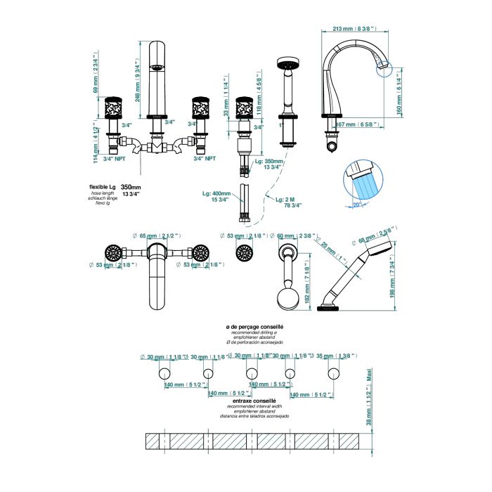 THG HIRONDELLES GOLD STAMPED Смеситель на борт ванны на 5 отверстий, двойной, с ручным душем, цвет Soft gold