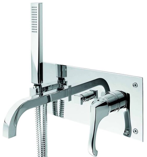 Emmevi Ares, встраиваемый в стену однорычажный смеситель для ванны (излив 17,9 см), с панелью и набором для душа, цвет хром