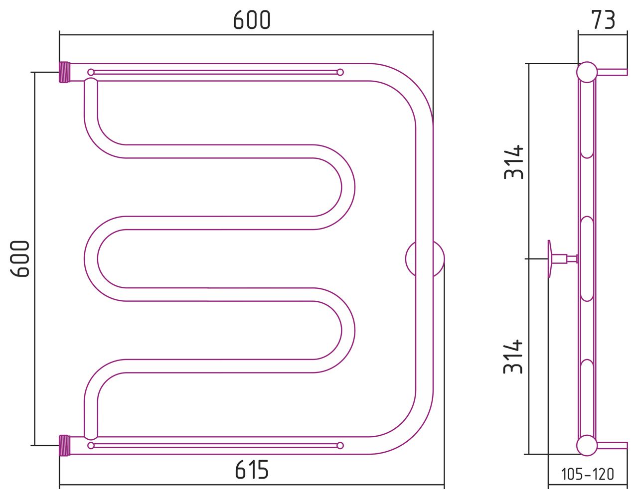 Полотенцесушитель "СТИЛЬЕ" ТАНДЕМ 2П 600х600 резьба-сгон 1" (Без покрытия)