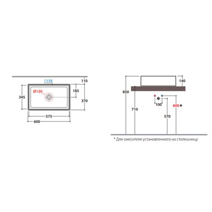 GLOBO Forty3 Раковина подвесная/накладная на базу 60*37*h14см без отв-я под смеситель, цвет белый