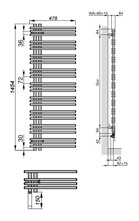 Электрический полотенцесушитель Zehnder Yucca asymmetric YADE-130-050/YD Белый правый с электропатроном WIVAR