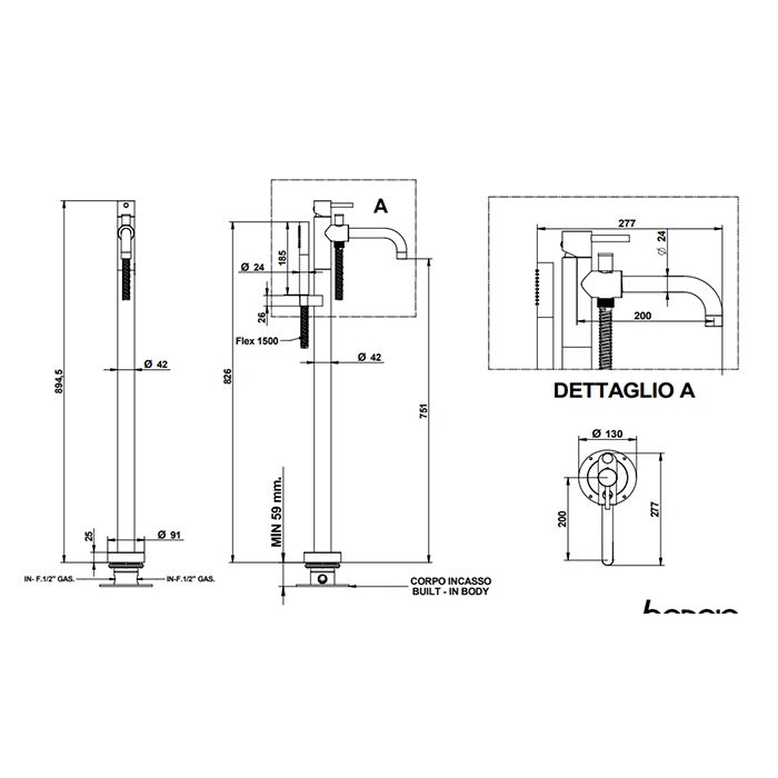 Bongio GIO2 Смеситель напольный 894 мм, излив 200 мм, цвет черный матовый хром (без встраиваемой части 09744 ), артикул 68534NM0DPREU