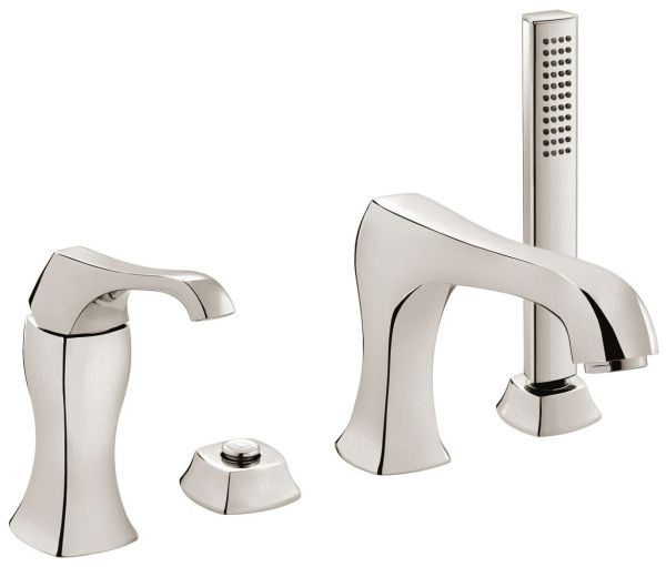 Emmevi Ares, комплект смесителя на борт ванны на 4 отверстия (излив 19,2 см), с набором для душа, цвет брашированный никель