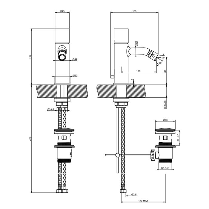 GESSI HABITO UNITO Смеситель для биде на 1 отверстие, однорычажный, в комплекте с донным клапаном, цвет хром